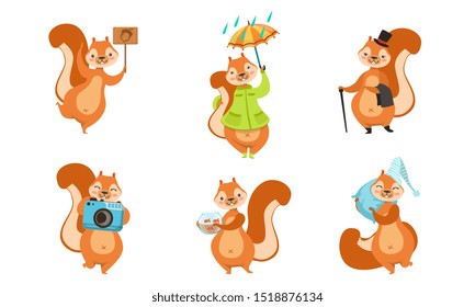Cute Little Squirrels Set, Funny Animals Cartoon Character Different Activities Vector Illustration