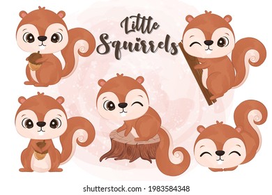 Cute little squirrels in set in watercolor illustration