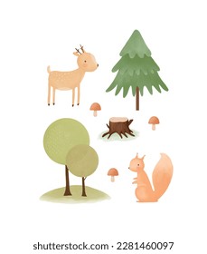 Cute Little Stag and Squirrel  Holding Flower. Lovely Nursery Vector Art with Sweet Ginger Baby Squirrel, Funny Deer, Mushrooms and Trees on a White Background. Hand Drawn Woodland Print.