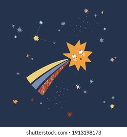 Cute little star character vector illustration. Baby comet in space graphic print design 