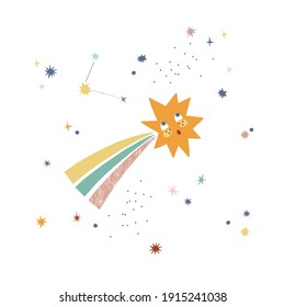 Cute little star character vector illustration isolated on white background. Baby comet graphic print design 