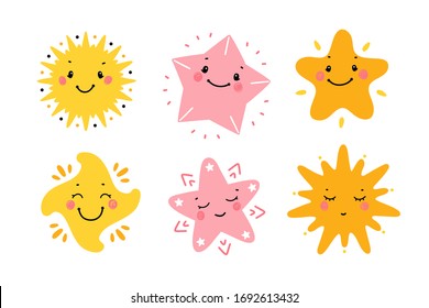 Cute Little Stars Vector Set. Doodle Kawaii Star Icons for Kids Fashion, Nursery, Baby Shower, Scandinavian Print or Poster, Pajamas Party