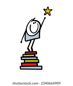 Cute little stickman boy stands on a stack of books he has read and reaches for a star in the sky. Vector illustration of the benefits of reading. Funny person isolated on white background.