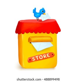Cute little store yellow post box in cartoon style