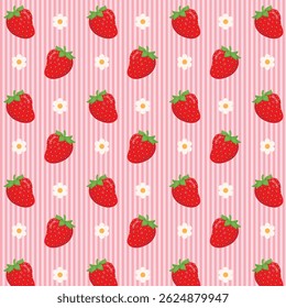 Morangos pequenos bonitos com flores padrão sem costura, ilustração do vetor de bagas. 