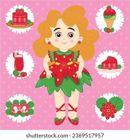 Cute little strawberry fairy. Strawberry princess with various food. Fantasy and fairy tale characters. Kids illustration. Pancake, cake slice, drink, juice, ice-cream, donuts, strawberry, flower, 