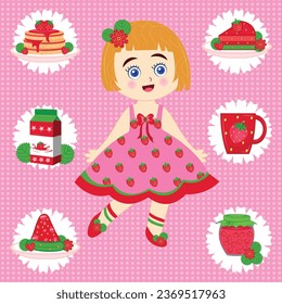 Cute little strawberry fairy. Strawberry princess with various food. Fantasy and fairy tale characters. Kids illustration. Pancake, cake slice, pizza, drink, juice, donuts, strawberry, flower, pickle.