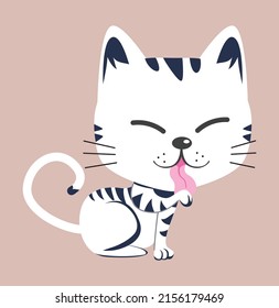 Cute Little Striped Cat With White Fur Licking Paw Vector Illustration