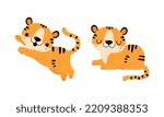 Cute Little Striped Tiger Cub with Orange Fur Sitting and Leaping Vector Set