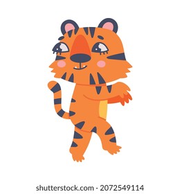 Cute Little Striped Tiger Cub with Orange Fur Sneaking Vector Illustration