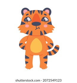 Cute Little Striped Tiger Cub with Orange Fur Standing Vector Illustration