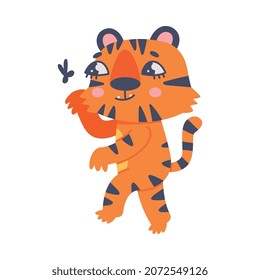 Cute Little Striped Tiger Cub with Orange Fur Sneaking Vector Illustration