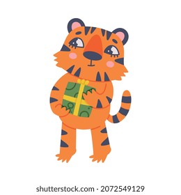 Cute Little Striped Tiger Cub with Orange Fur Holding Gift Box Vector Illustration