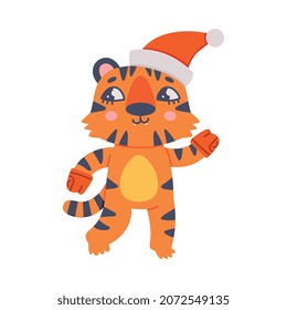 Cute Little Striped Tiger Cub with Orange Fur Wearing Santa Hat and Mittens Vector Illustration