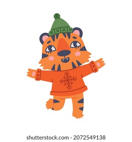 Cute Little Striped Tiger Cub with Orange Fur Wearing Hat and Sweater Vector Illustration