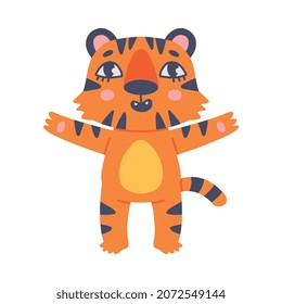 Cute Little Striped Tiger Cub with Orange Fur Standing Vector Illustration