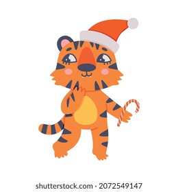 Cute Little Striped Tiger Cub with Orange Fur Wearing Santa Hat and Holding Candy Cane Vector Illustration