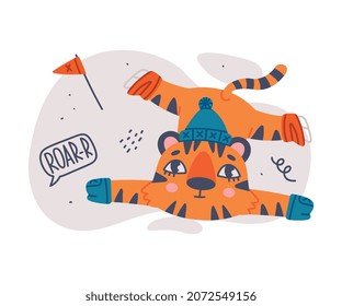 Cute Little Striped Tiger Cub with Orange Fur on Ice Skate Enjoying Winter Holiday Vector Illustration
