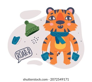 Cute Little Striped Tiger Cub with Orange Fur Wearing Scarf and Mittens Enjoying Winter Holiday Vector Illustration
