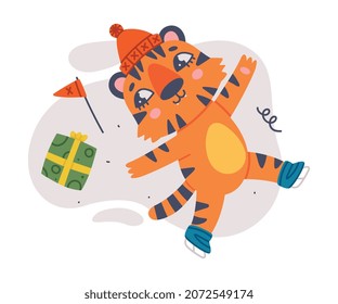 Cute Little Striped Tiger Cub with Orange Fur on Ice Skate Enjoying Winter Holiday Vector Illustration