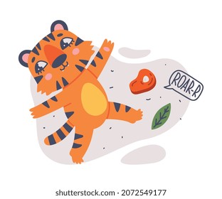 Cute Little Striped Tiger Cub Lying with Meat and Leaf Vector Composition