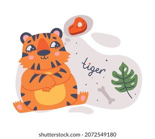 Cute Little Striped Tiger Cub Sitting with Full Belly Vector Composition