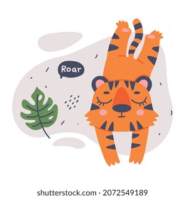 Cute Little Striped Tiger Cub with Orange Fur and Tropical Leaf Vector Composition