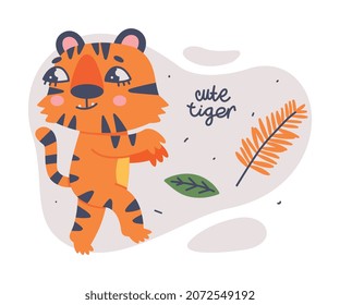 Cute Little Striped Tiger Cub with Tropical Leaf Vector Composition