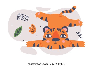 Cute Little Striped Tiger Cub Lying Vector Composition