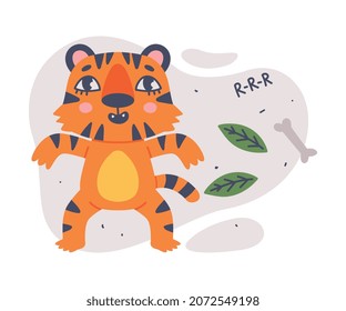 Cute Little Striped Tiger Cub Roaring Vector Composition