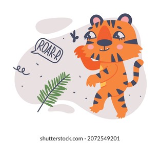 Cute Little Striped Tiger Cub with Tropical Leaf Vector Composition