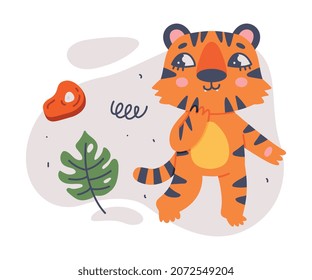 Cute Little Striped Tiger Cub with Meat and Tropical Leaf Vector Composition