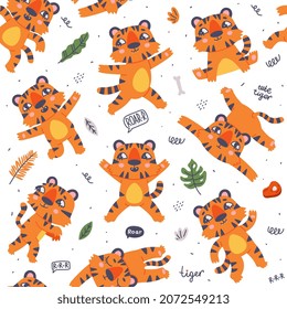 Cute Little Striped Tiger Cub with Orange Fur Vector Seamless Pattern