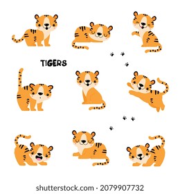 Cute Little Striped Tiger Cub with Orange Fur in Different Pose Vector Set