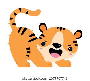 Cute Little Striped Tiger Cub with Orange Fur Vector Illustration