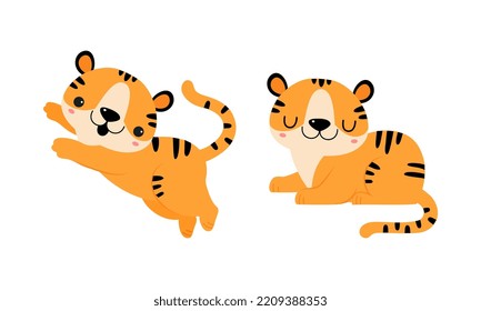 Cute Little Striped Tiger Cub with Orange Fur Sitting and Leaping Vector Set