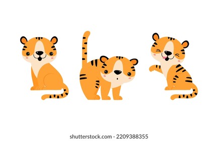 Cute Little Striped Tiger Cub with Orange Fur Sitting and Licking Vector Set