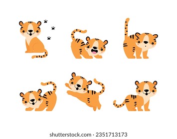 Cute Little Striped Tiger Cub with Orange Fur in Different Pose Vector Set