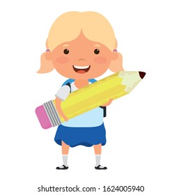 cute little student blond girl with pencil character vector illustration design