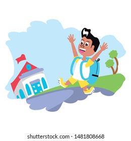 cute little student boy with bag education and school building