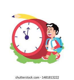 cute little student boy with bag school and clock