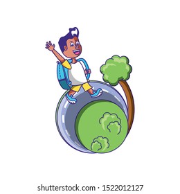 cute little student boy with bag school and road vector illustration design