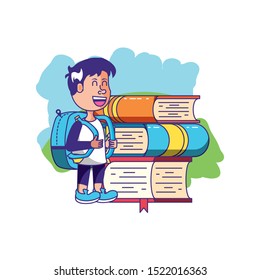 cute little student boy with bag school and stack books vector illustration design