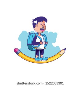 cute little student boy with bag school and pencil vector illustration design