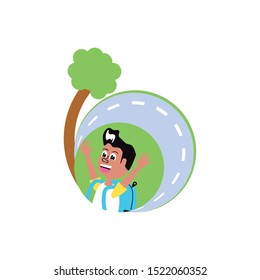 cute little student boy with bag school and tree plants vector illustration design