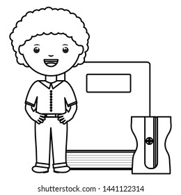 cute little student boy with book and sharpener