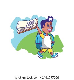 cute little student boy with book open