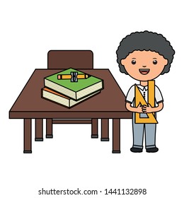 cute little student boy with books in schooldesk