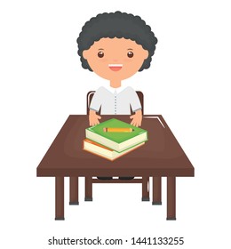 cute little student boy with books in schooldesk