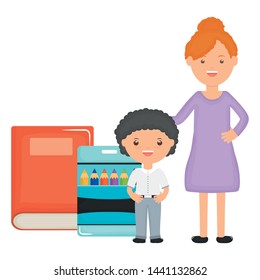 cute little student boy with female teacher and supplies cute little student boy with female teacher and supplies